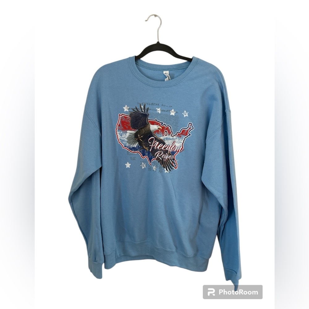 Powder Blue Crewneck Sweatshirt with Eagle Patriotic Graphic Size Large